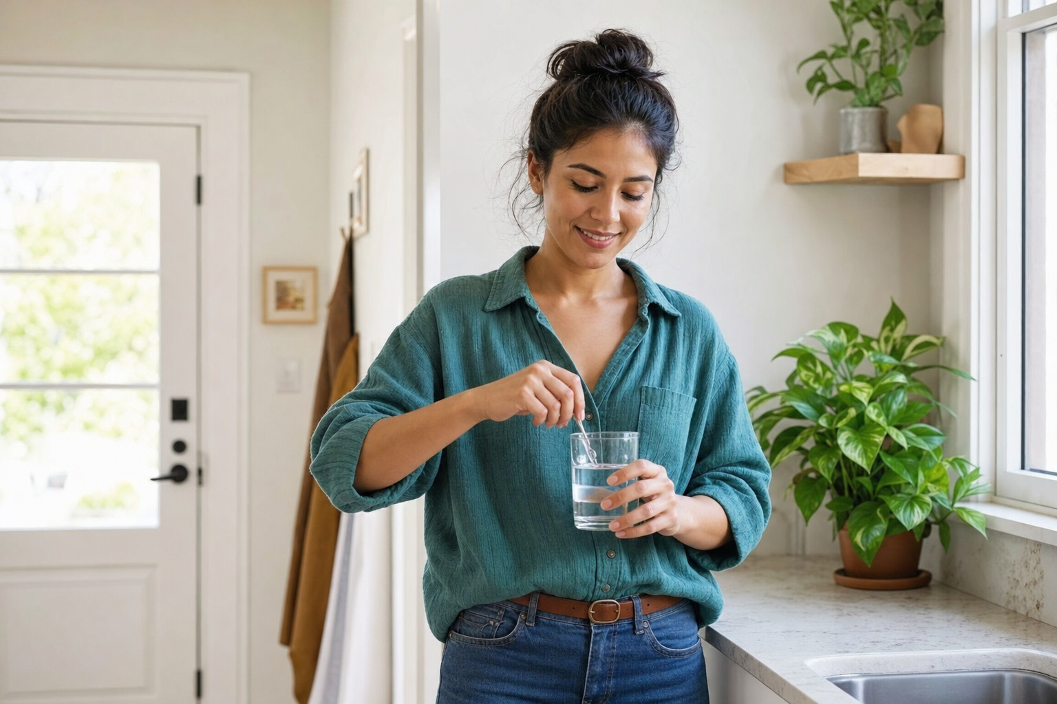 Woman in a teal shirt stirring a clear glass of water at a sunlit kitchen counter near a window and potted plants