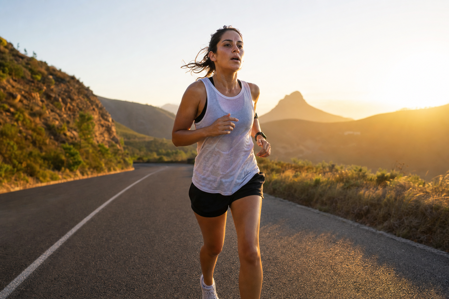 Woman in tank top and shorts running along a mountain road at sunset, sweat visible on her shirt