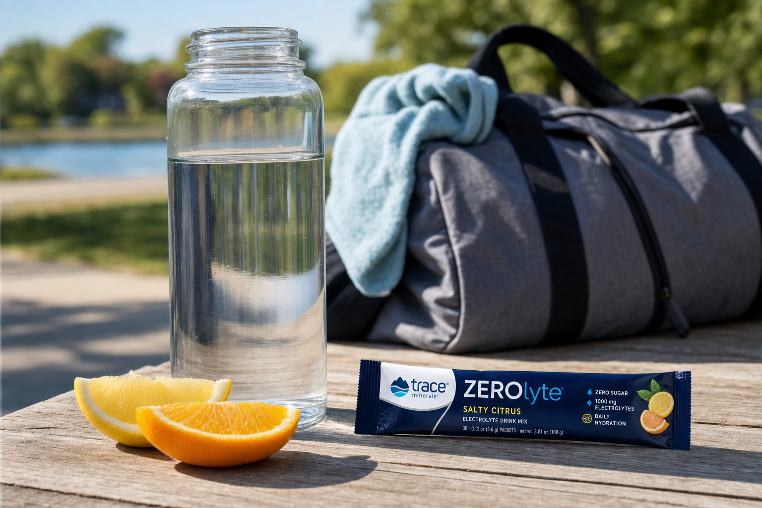 A Trace Minerals ZeroLyte Salty Citrus electrolyte packet on a sunlit wooden table beside a glass of water, citrus slice