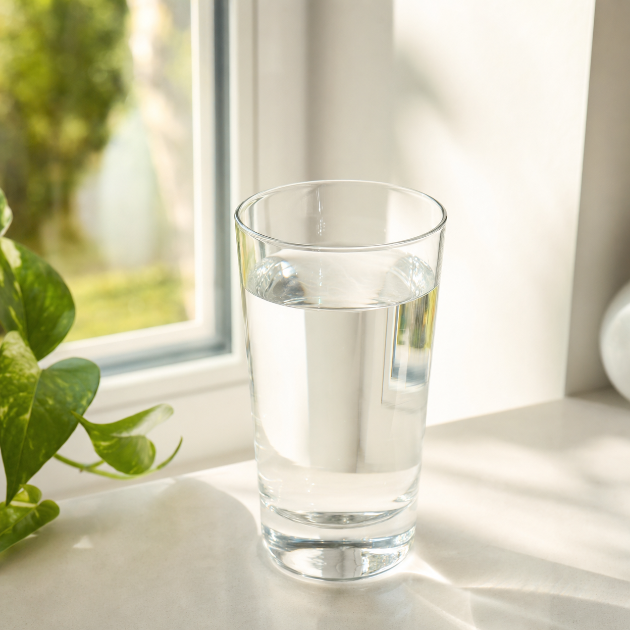 A clear glass of plain water sits on a sunlit windowsill with a green plant and blurred garden view in the background
