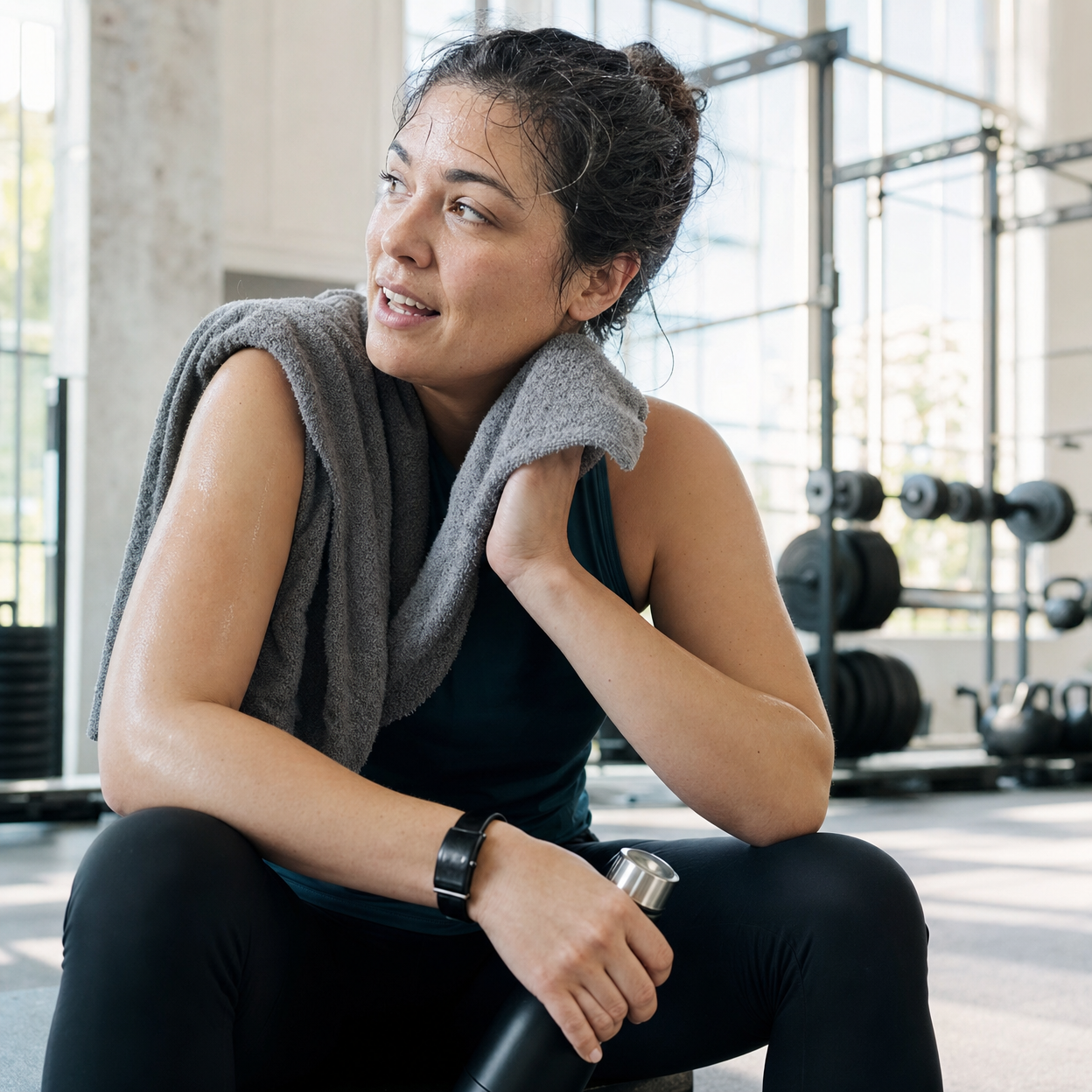 Woman in gym pauses after a workout, towel around her neck, holding a water bottle and catching her breath