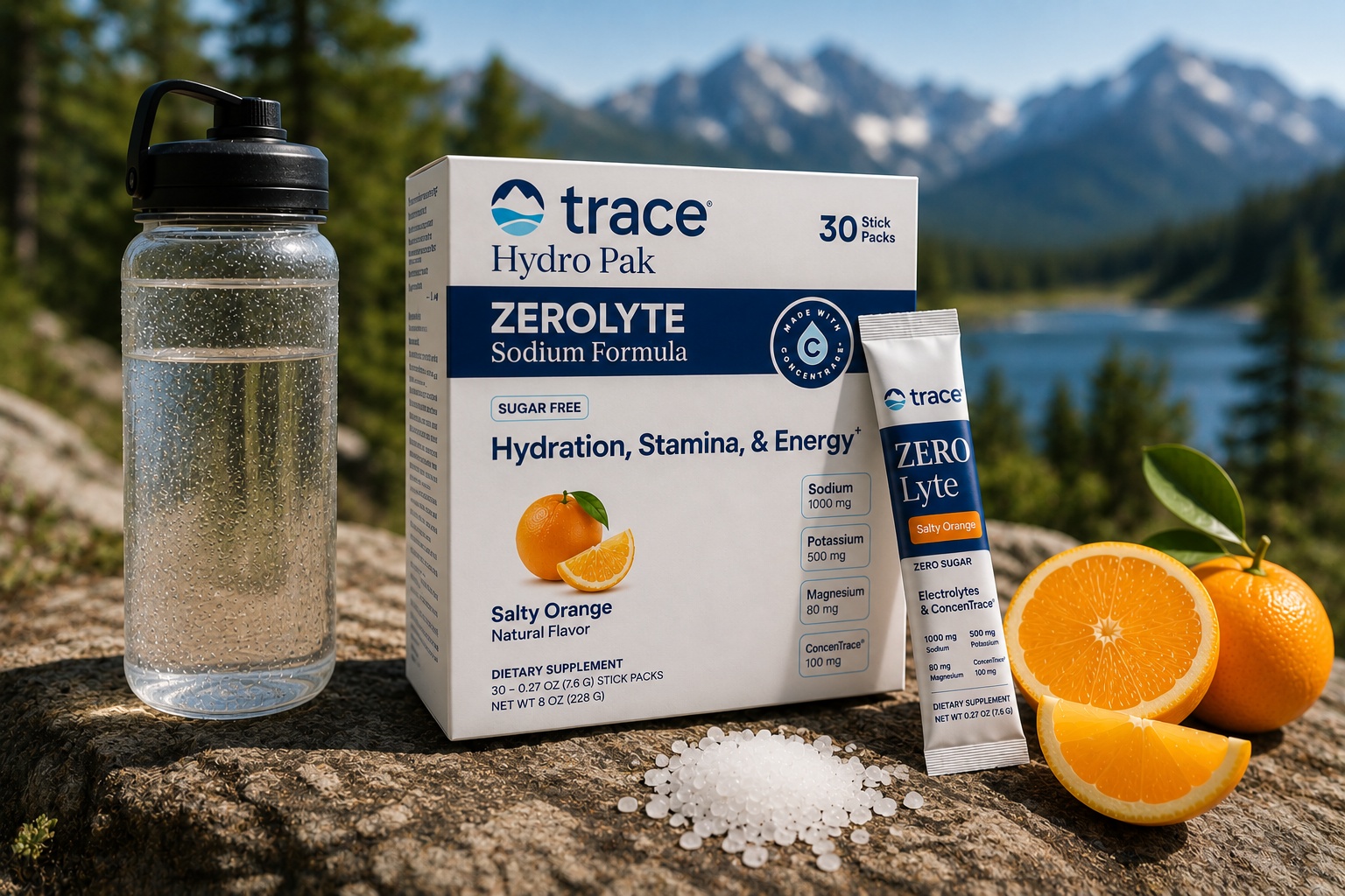 Hands pour water from a plain bottle into a soft flask at a trailhead, tailgate and trail sign blurred behind