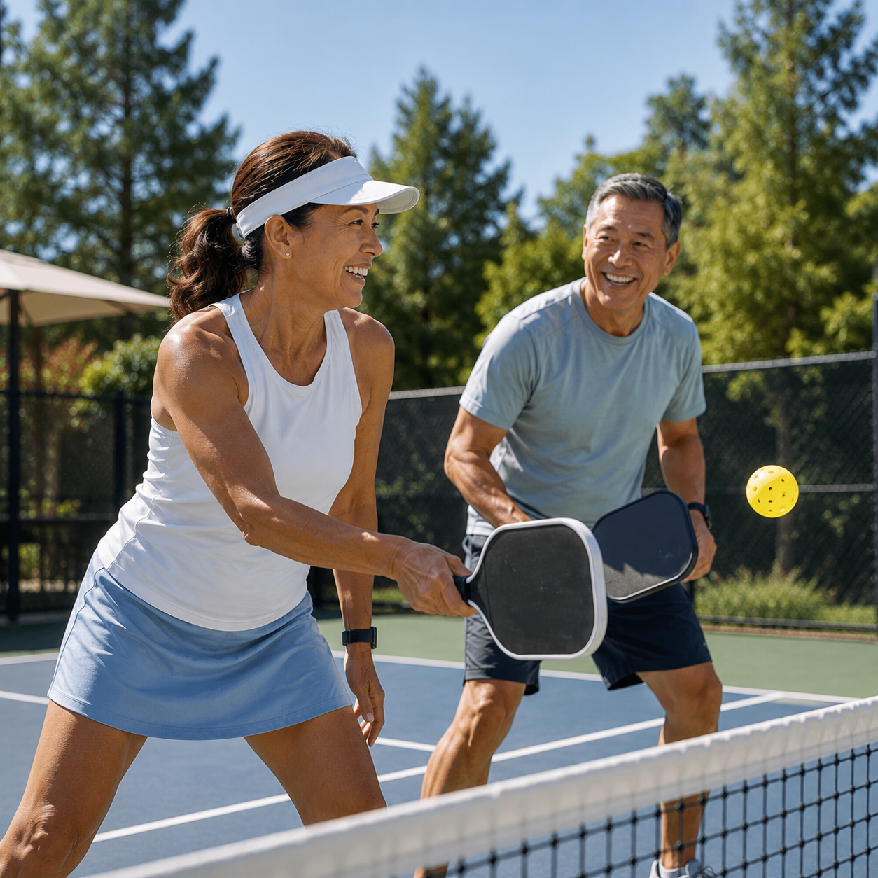 Two older adults play pickleball at the net on a sunny outdoor court, paddles raised mid-rally