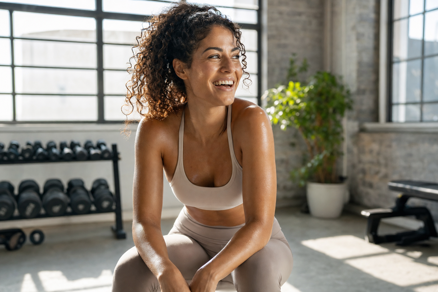 Woman with curly hair in neutral activewear smiling and catching her breath in a sunlit gym studio