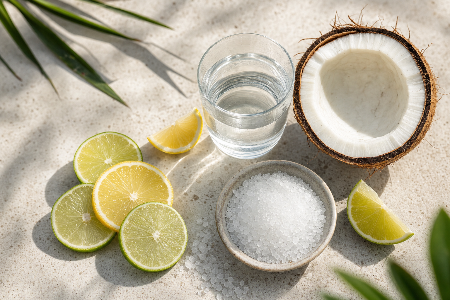 Overhead flat-lay of sea salt in a bowl, a halved coconut, lemon and lime slices, and a glass of water on light stone