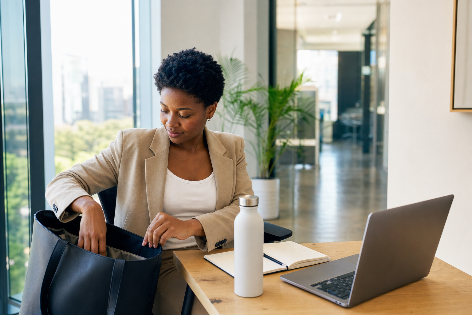 Professional woman with short natural hair reaches into her tote bag at a sunlit office desk beside a plain water bottle