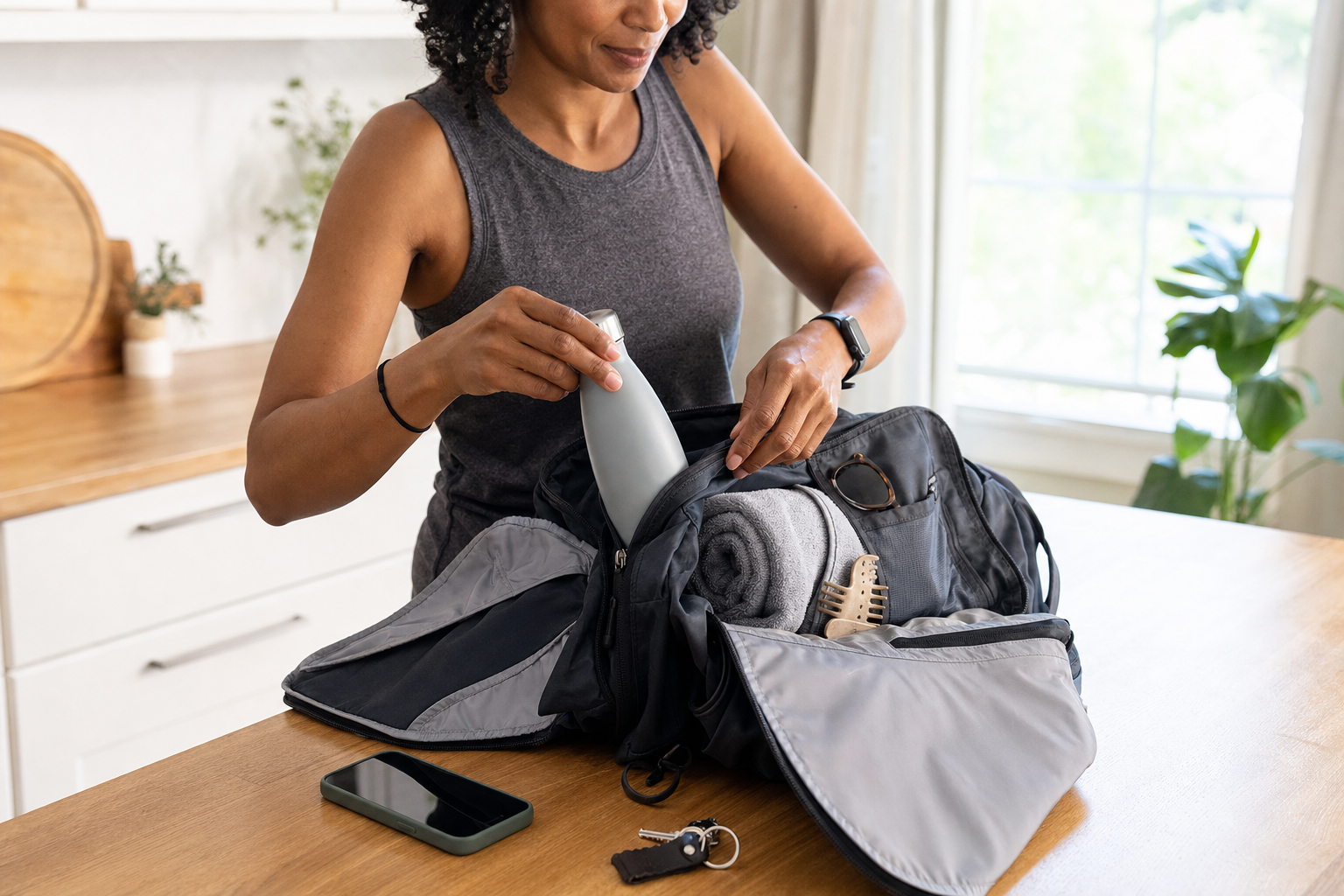 Woman packing an open gray daypack on a kitchen counter with a reusable water bottle, rolled towel, sunglasses, phone, a