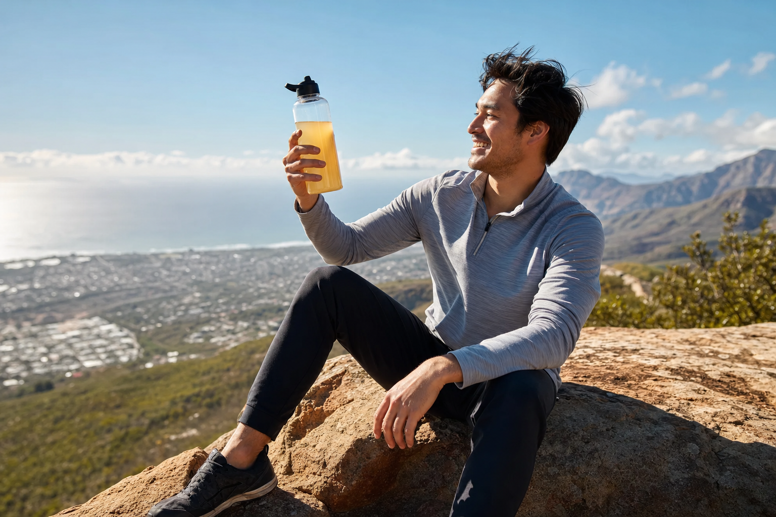 Man in gray activewear sits on a rock at a mountain overlook, smiling and holding up a bottle of citrus-colored drink