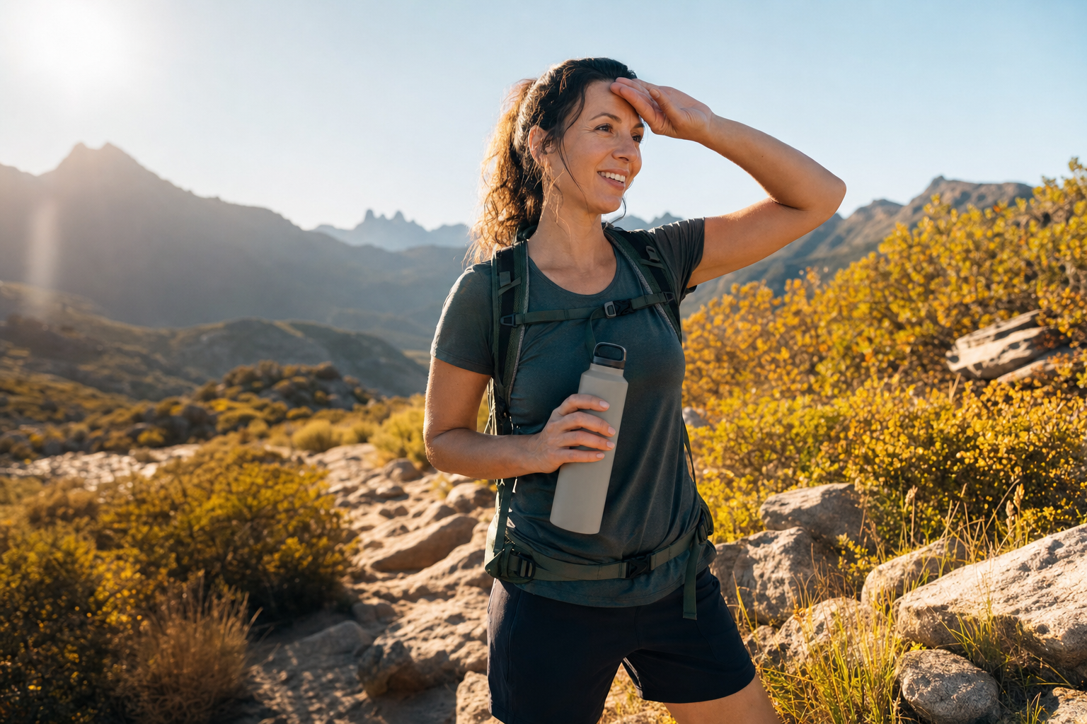 Hiker wiping their brow at a sunny mountain trailhead while holding a plain reusable water bottle