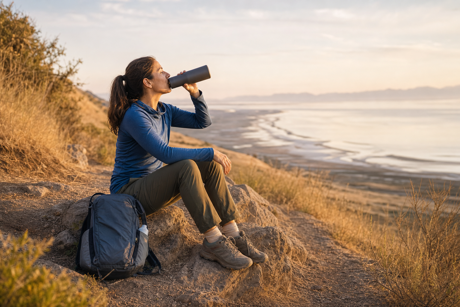 Woman in a blue hoodie sits on a trailside rock overlooking a salt lake at golden hour, drinking from a reusable bottle