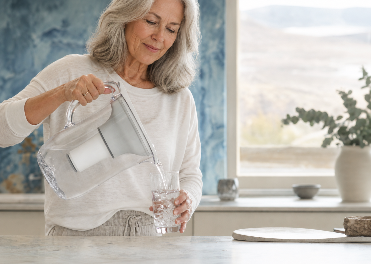 Woman in a cream sweater pours filtered water from a clear pitcher into a glass at a sunlit kitchen counter