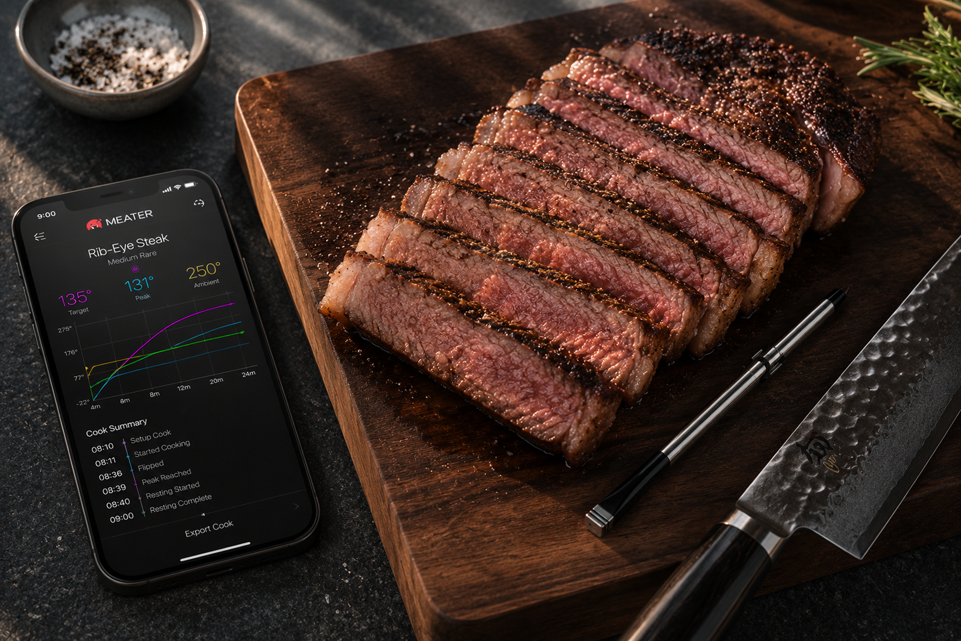 Close-up of a thick seared steak with grill marks resting on flaming grill grates with smoke rising