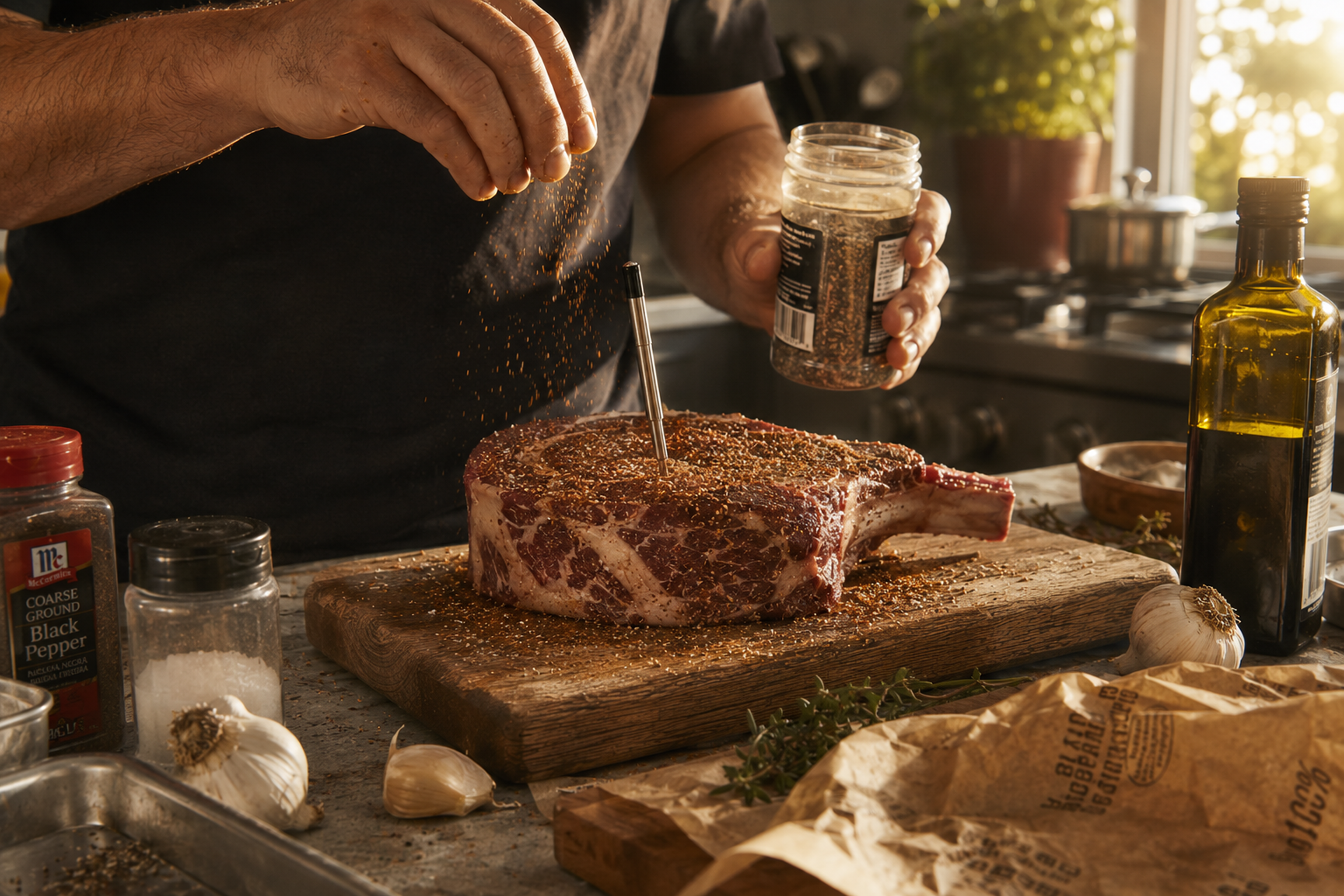 Raw peppercorn-crusted steak on a wood board with a honey bamboo meat thermometer probe inserted, surrounded by spice ja