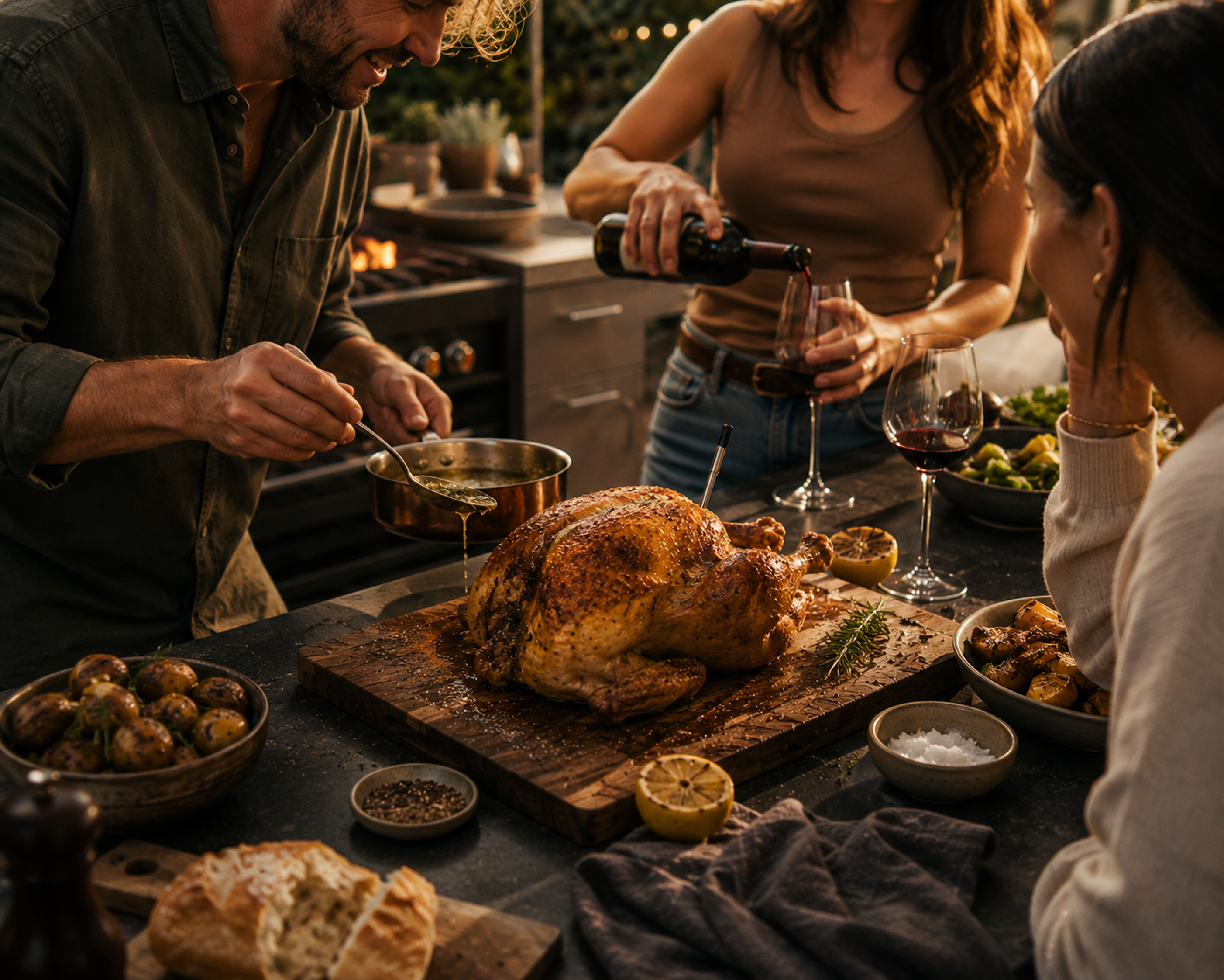 Hand holding a phone app while a bamboo-handled meat thermometer probe monitors a seared roast on a glowing grill at dus