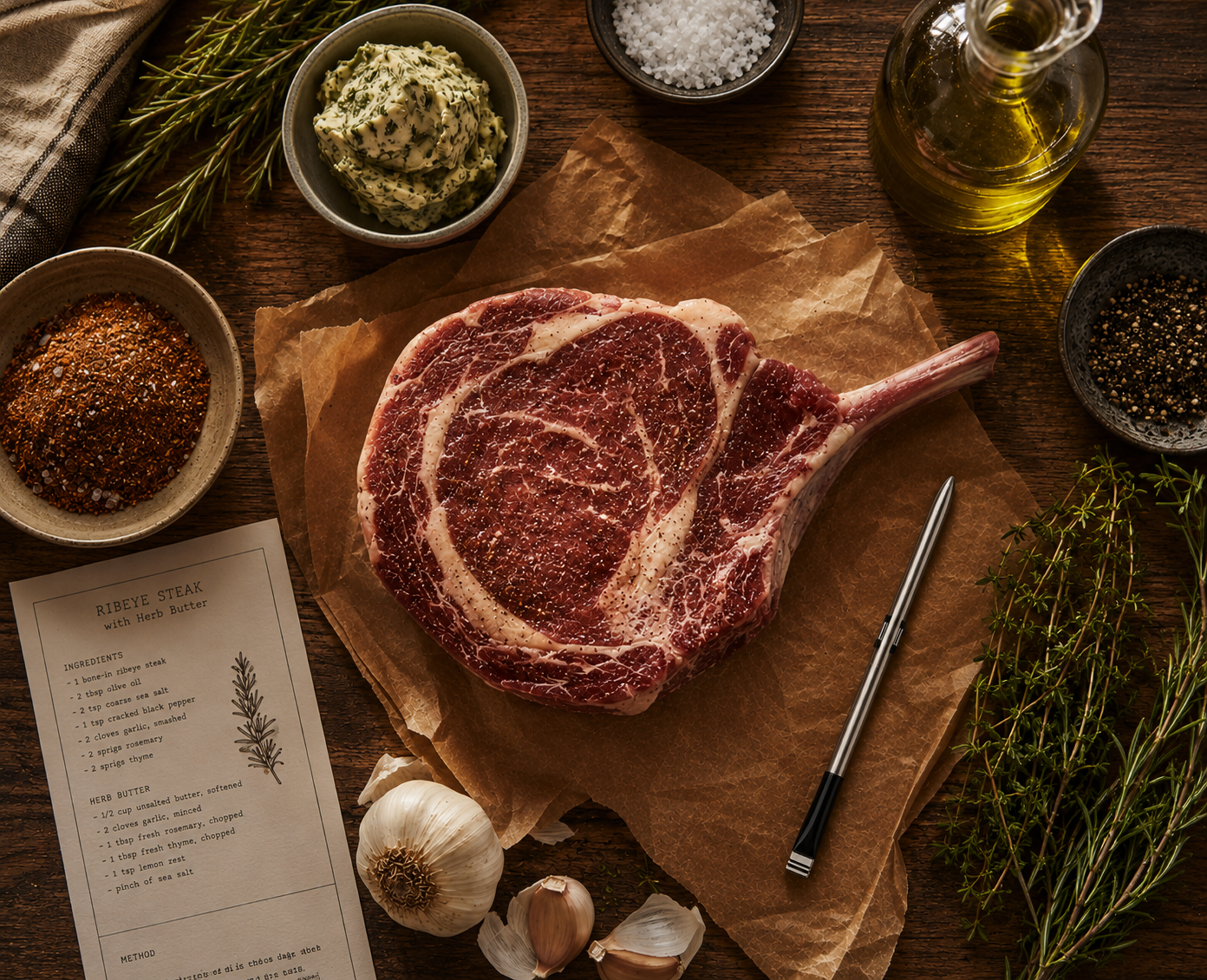 Steak grilling at golden hour with a bamboo meat thermometer probe inserted, charger on side table, man checking phone n