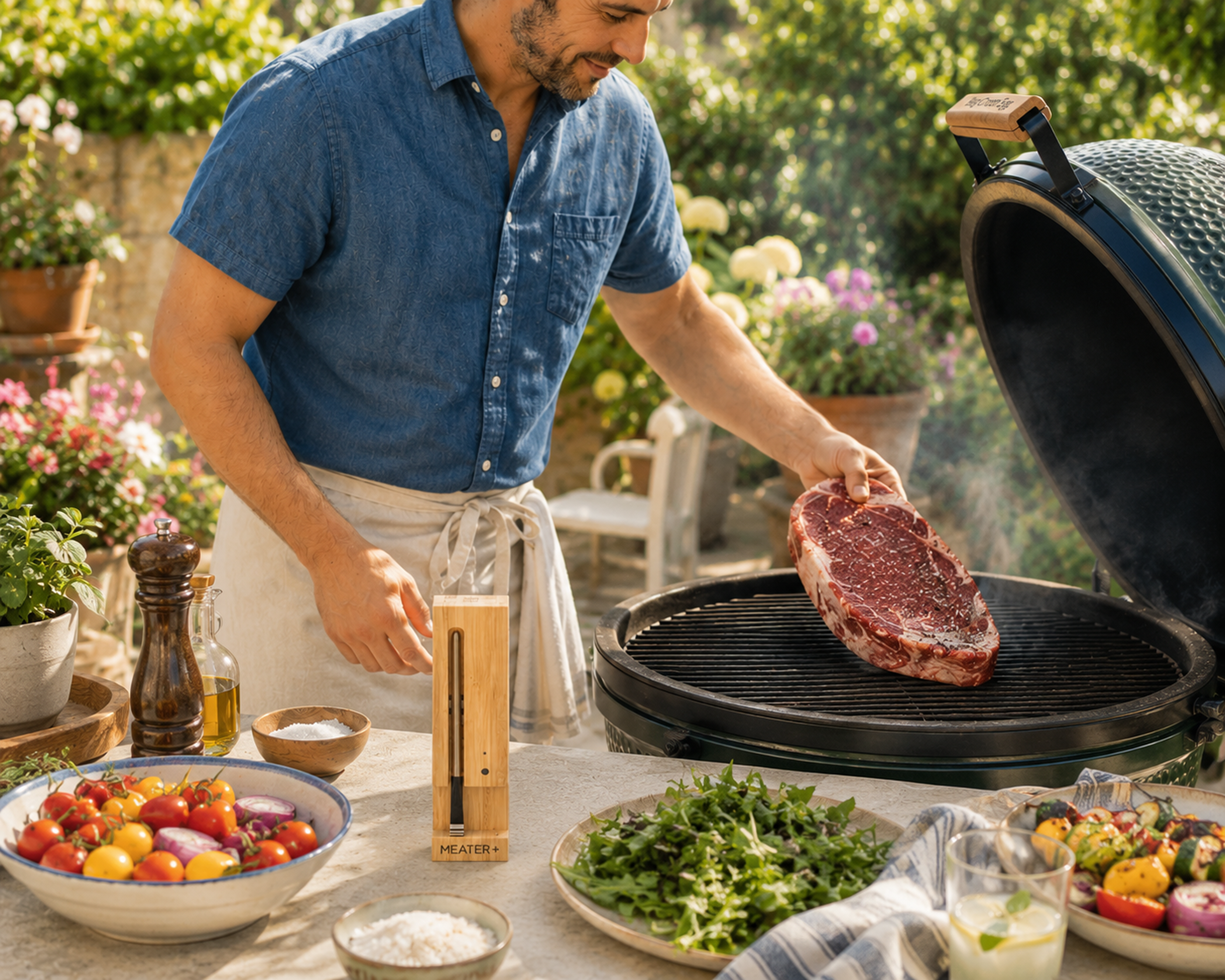 Man in apron tends glowing charcoal in an open kettle grill in a backyard at golden hour, string lights behind him