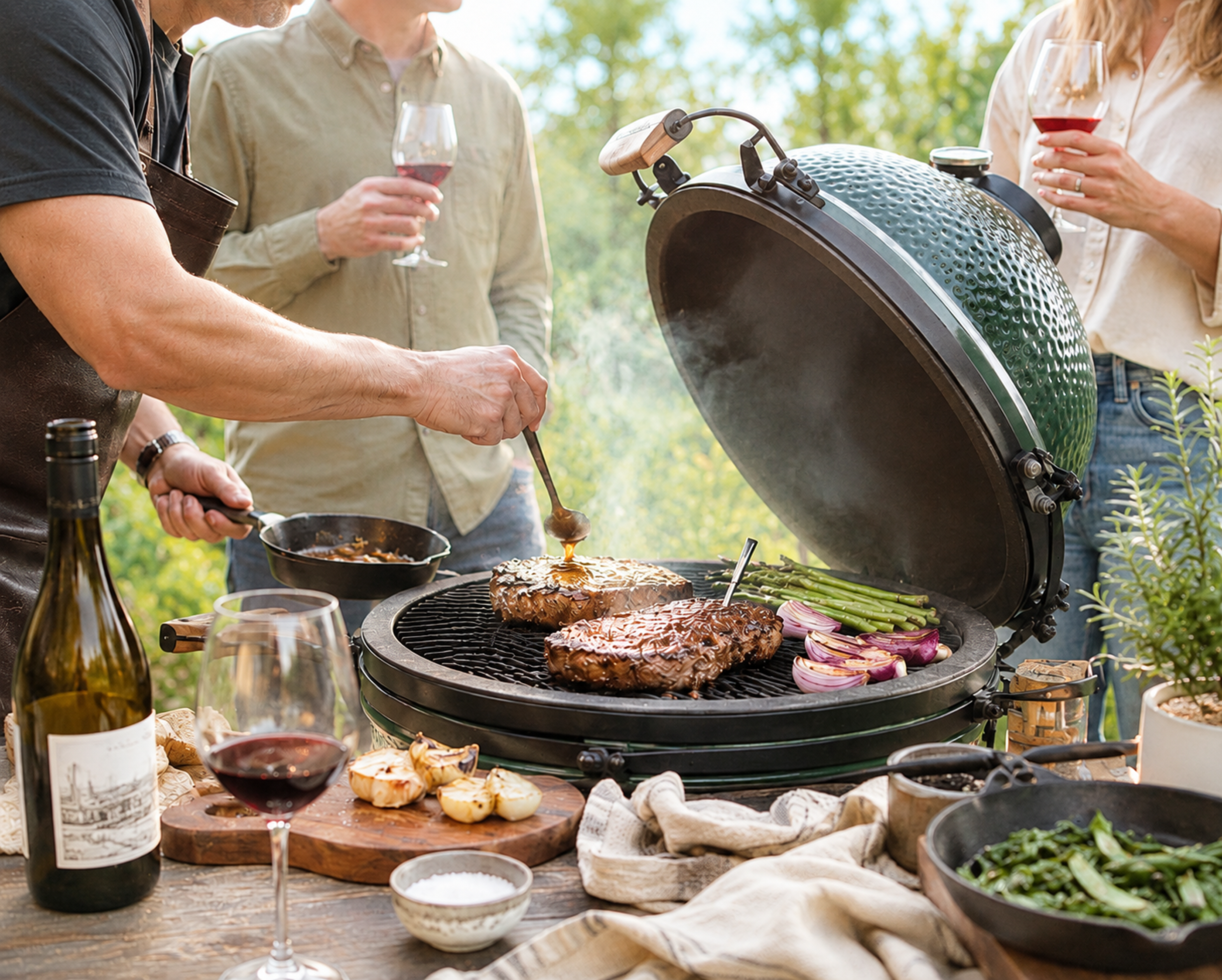 Man carrying an armful of firewood walks away from a smoking charcoal grill in a sunny backyard, glancing back over his