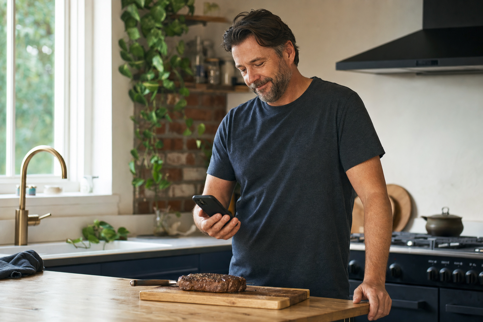 Man in a navy t-shirt smiles at his phone in a sunlit kitchen, with a seared steak resting on a wooden board beside him