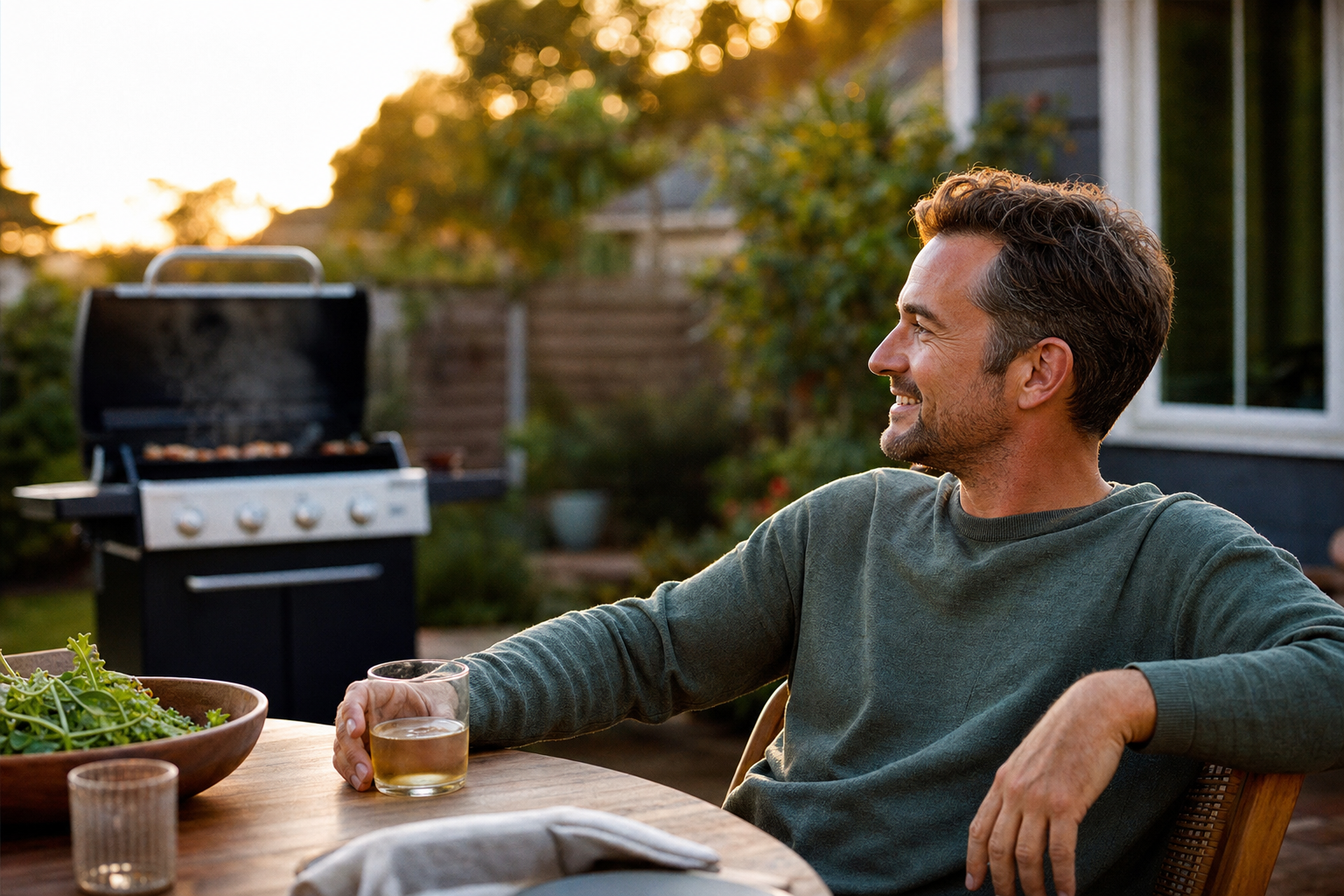 Man smiling and relaxing at an outdoor table with a drink while a backyard grill cooks food behind him at golden hour
