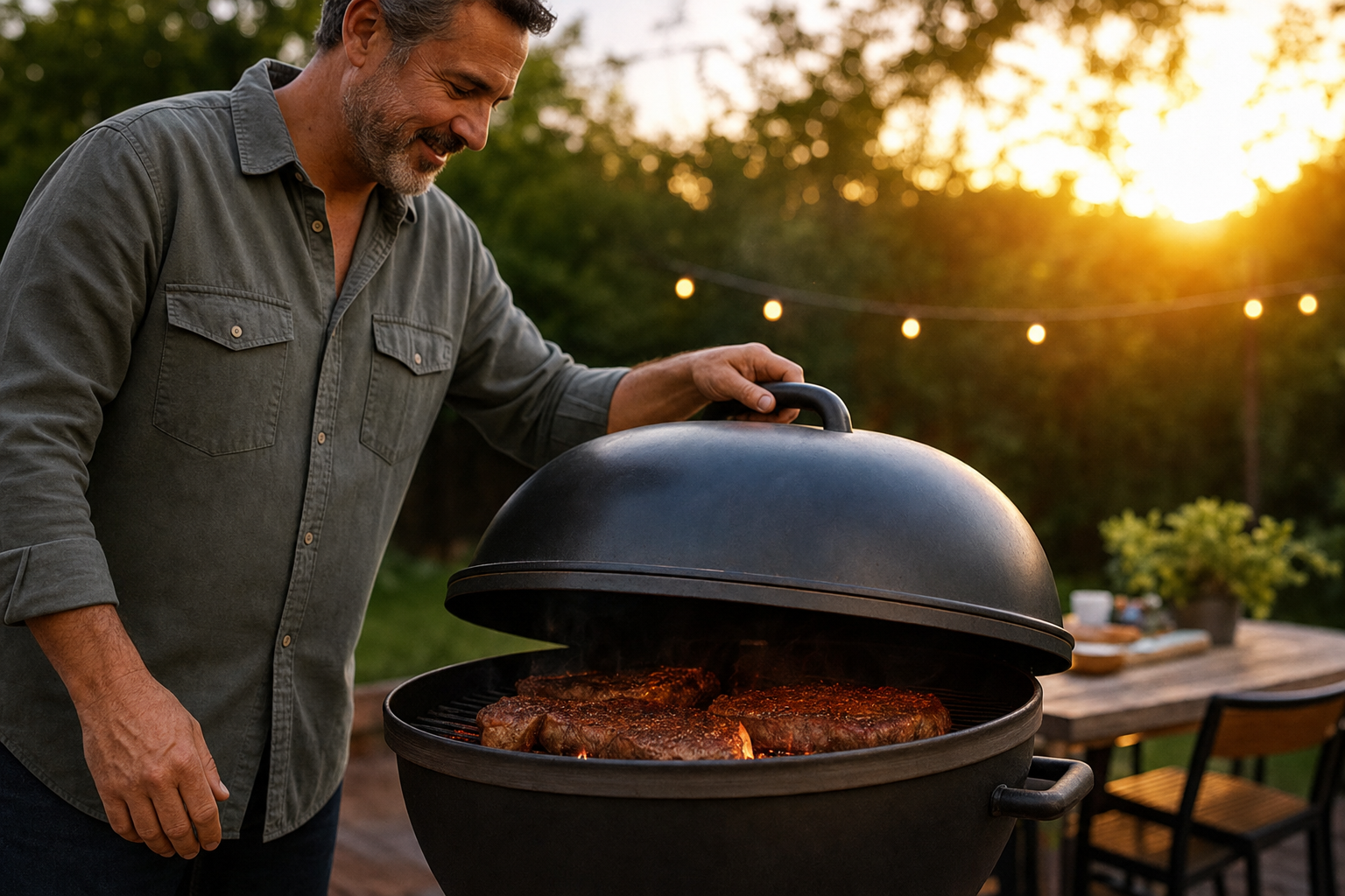 Man in a grey shirt closes the lid of a backyard grill over sizzling steaks at golden hour