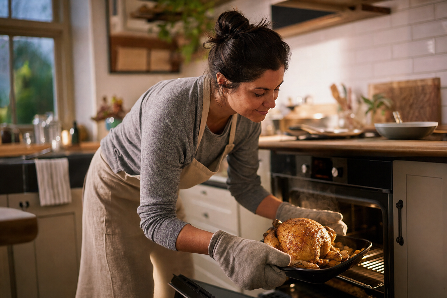 Home cook in an apron uses oven mitts to pull a golden roasted chicken from the oven in a warm kitchen