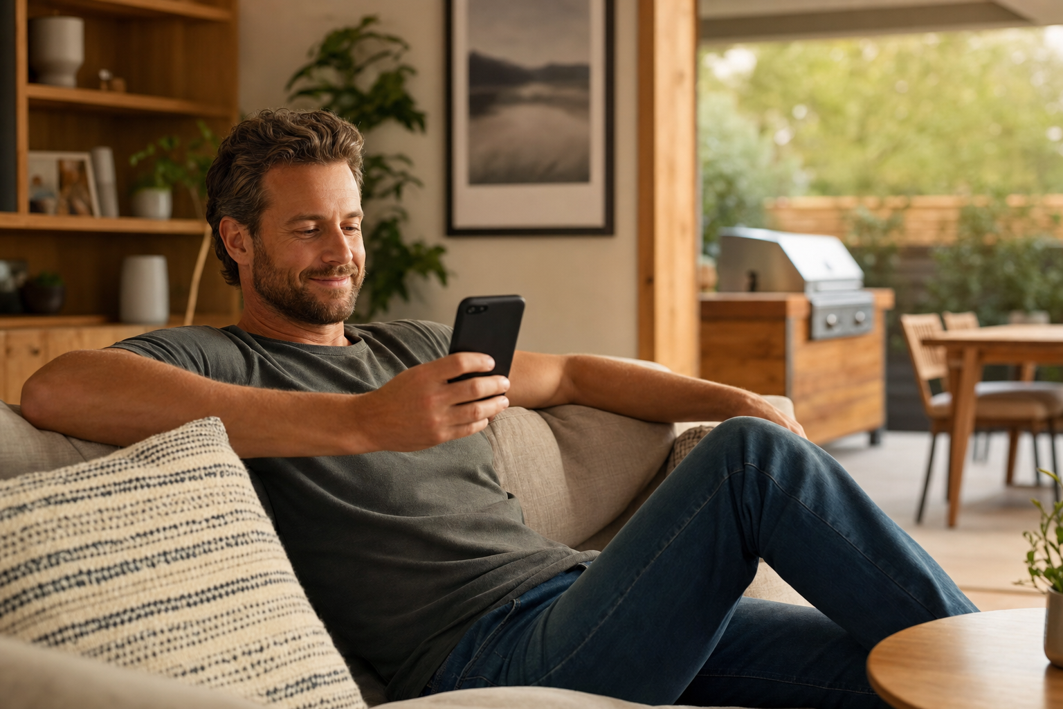 Man relaxing on a couch glancing at his phone, with a grill visible outdoors through an open doorway behind him