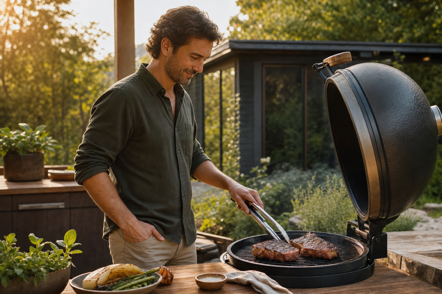 Man at golden hour smiles while using tongs to check steaks searing on an open backyard grill