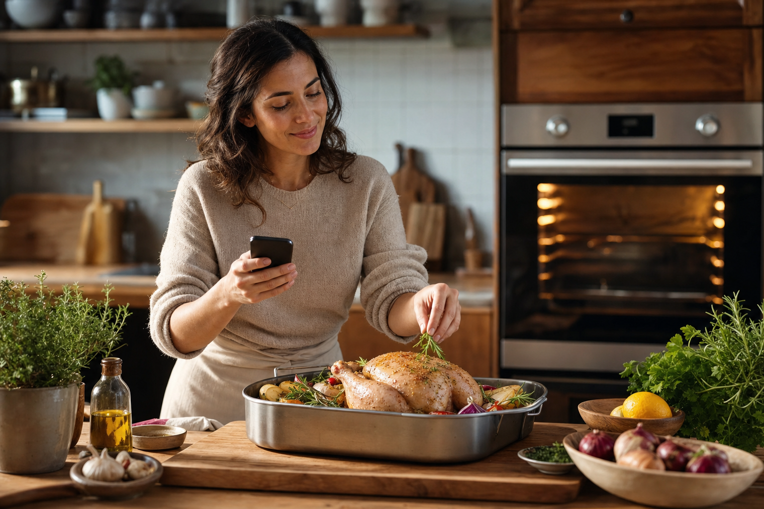 Woman in a warm home kitchen holds a phone while seasoning a whole chicken in a roasting pan, oven glowing behind her