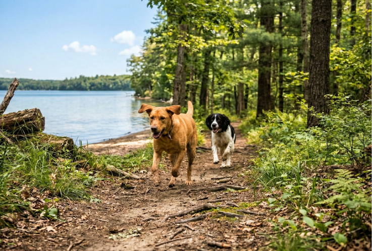 Two dogs walking beside a lake