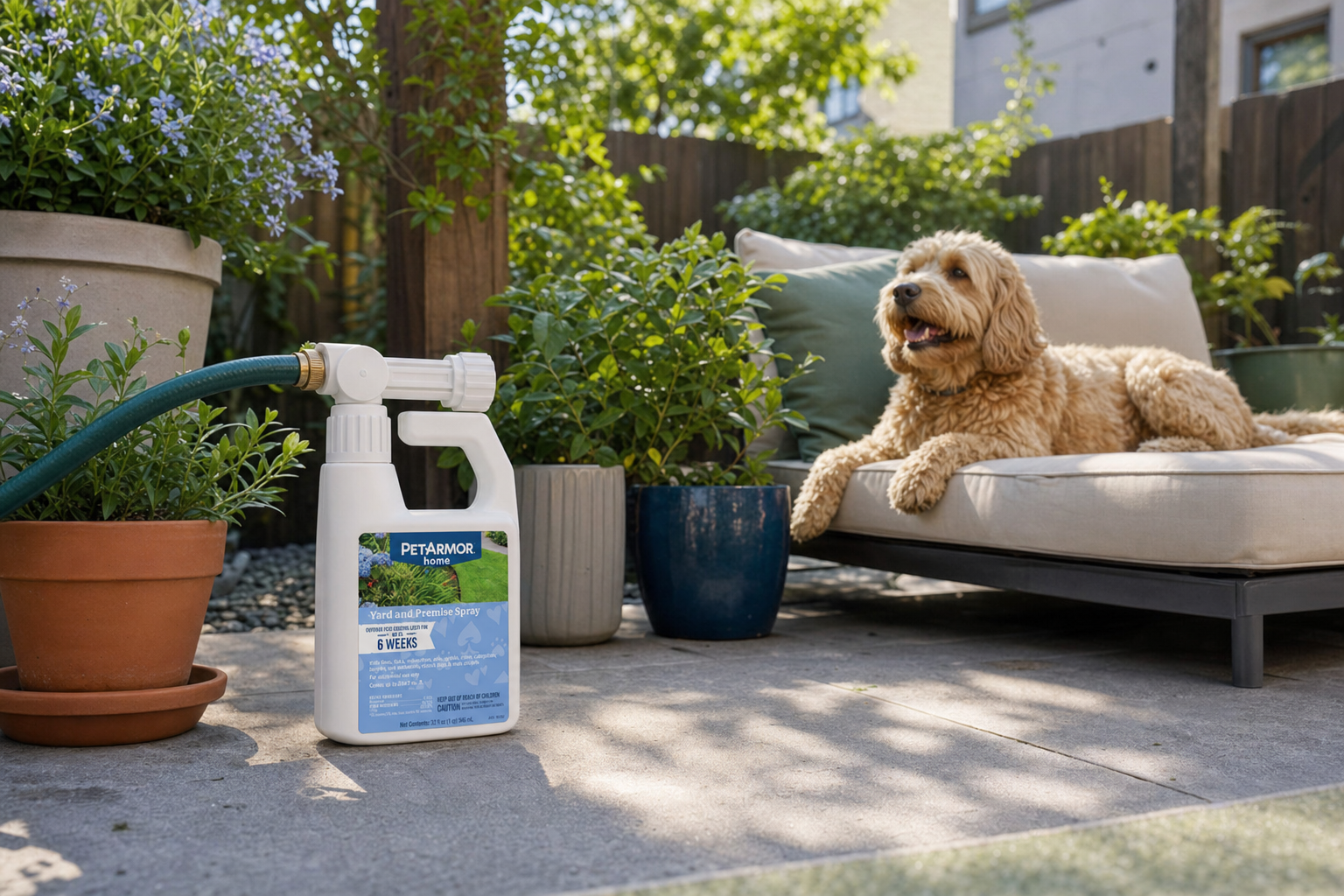 A dog relaxing on a small urban patio surrounded by potted plants