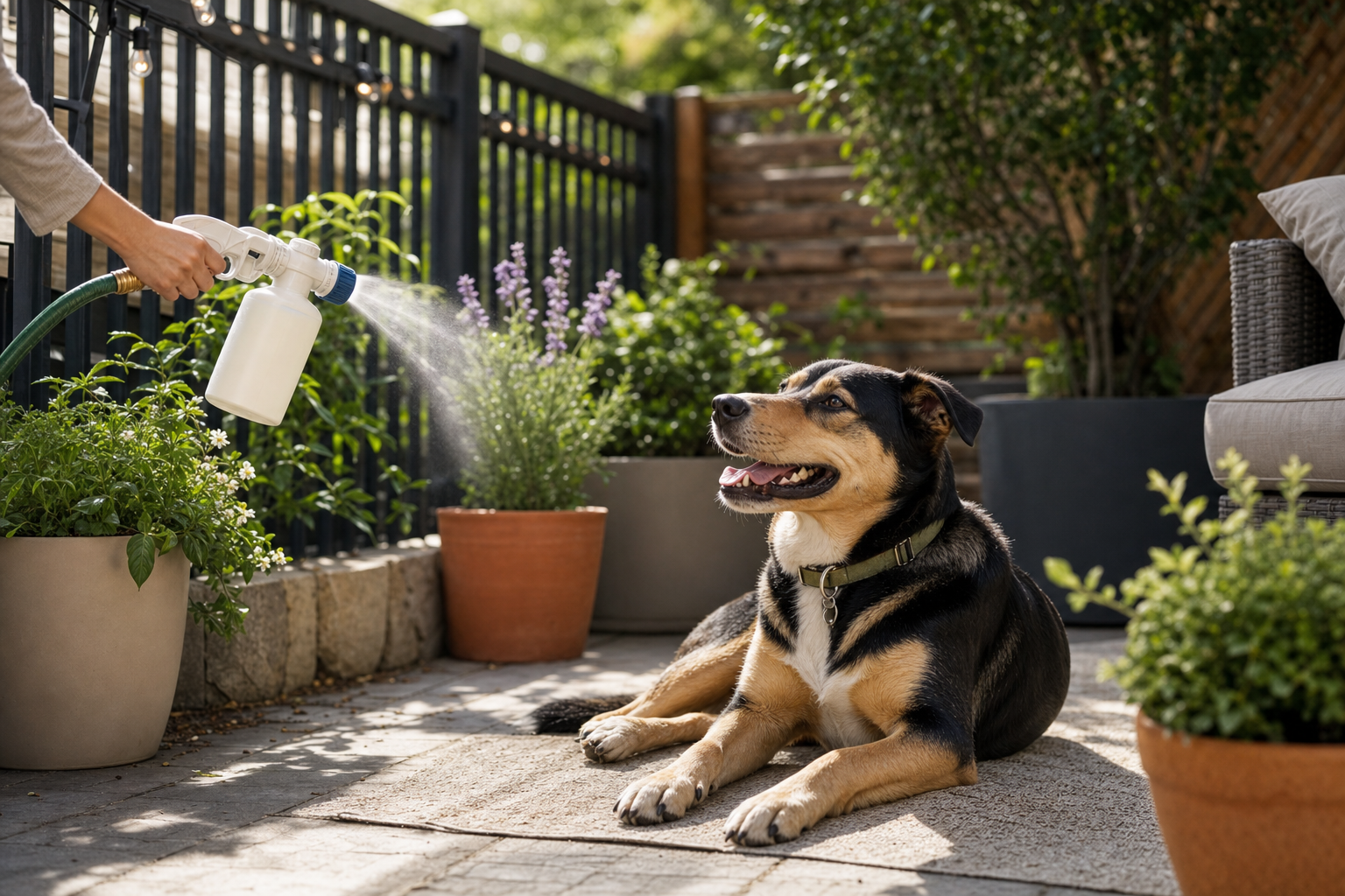 A hand connecting the hose-end spray bottle to a garden hose