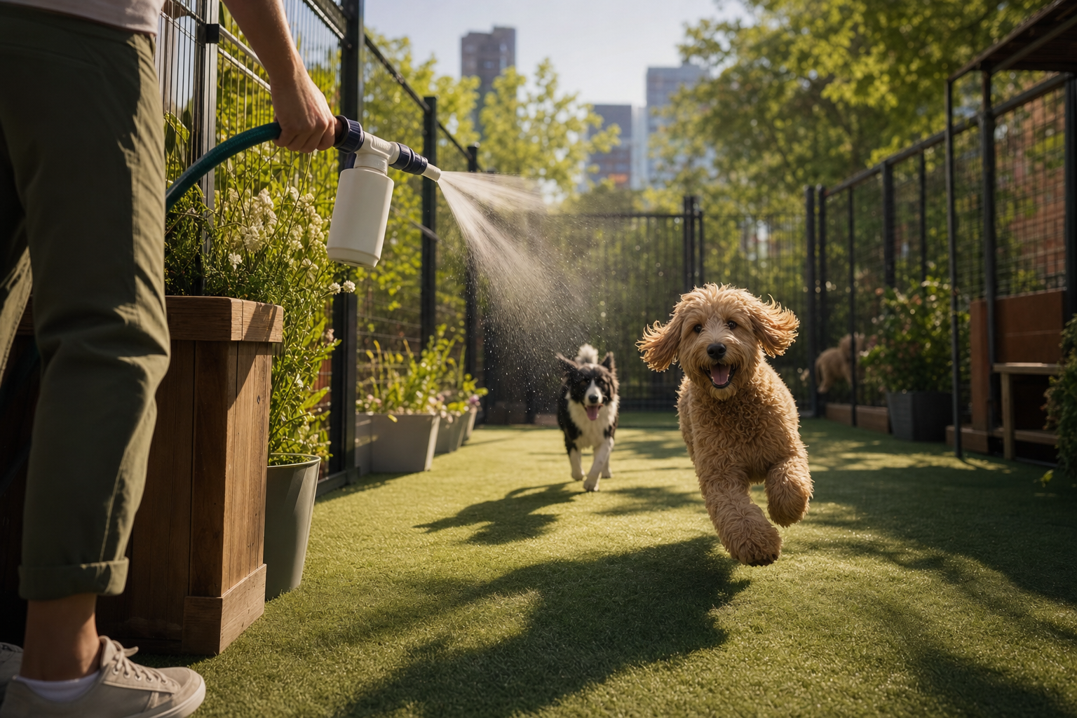 A dog playing happily in a fenced dog run on a sunny afternoon