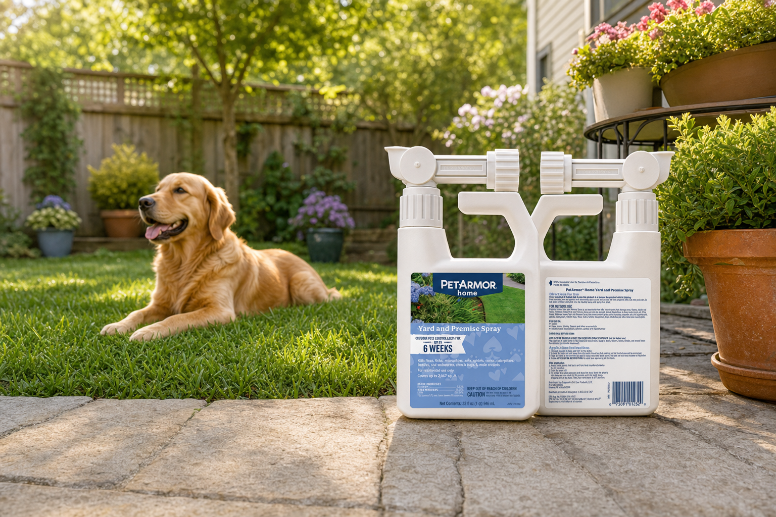 A dog lounging contentedly on a sunny urban patio bordered by potted plants and a small fenced yard