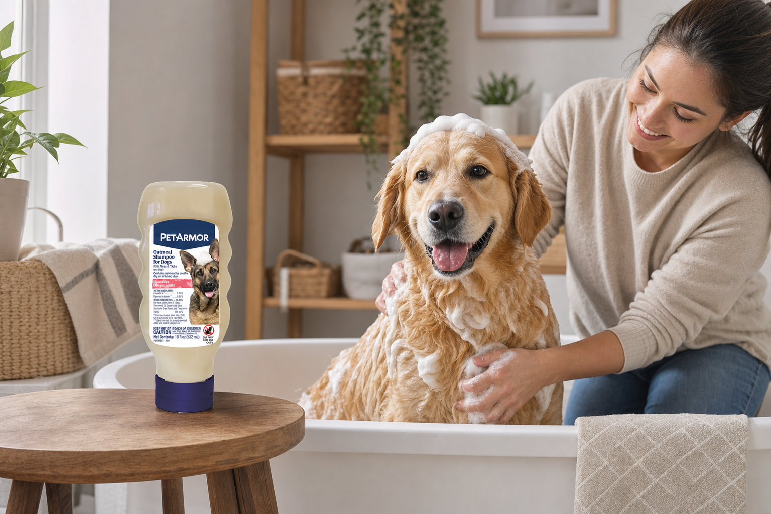 A first-time dog owner gently bathing their happy dog at home