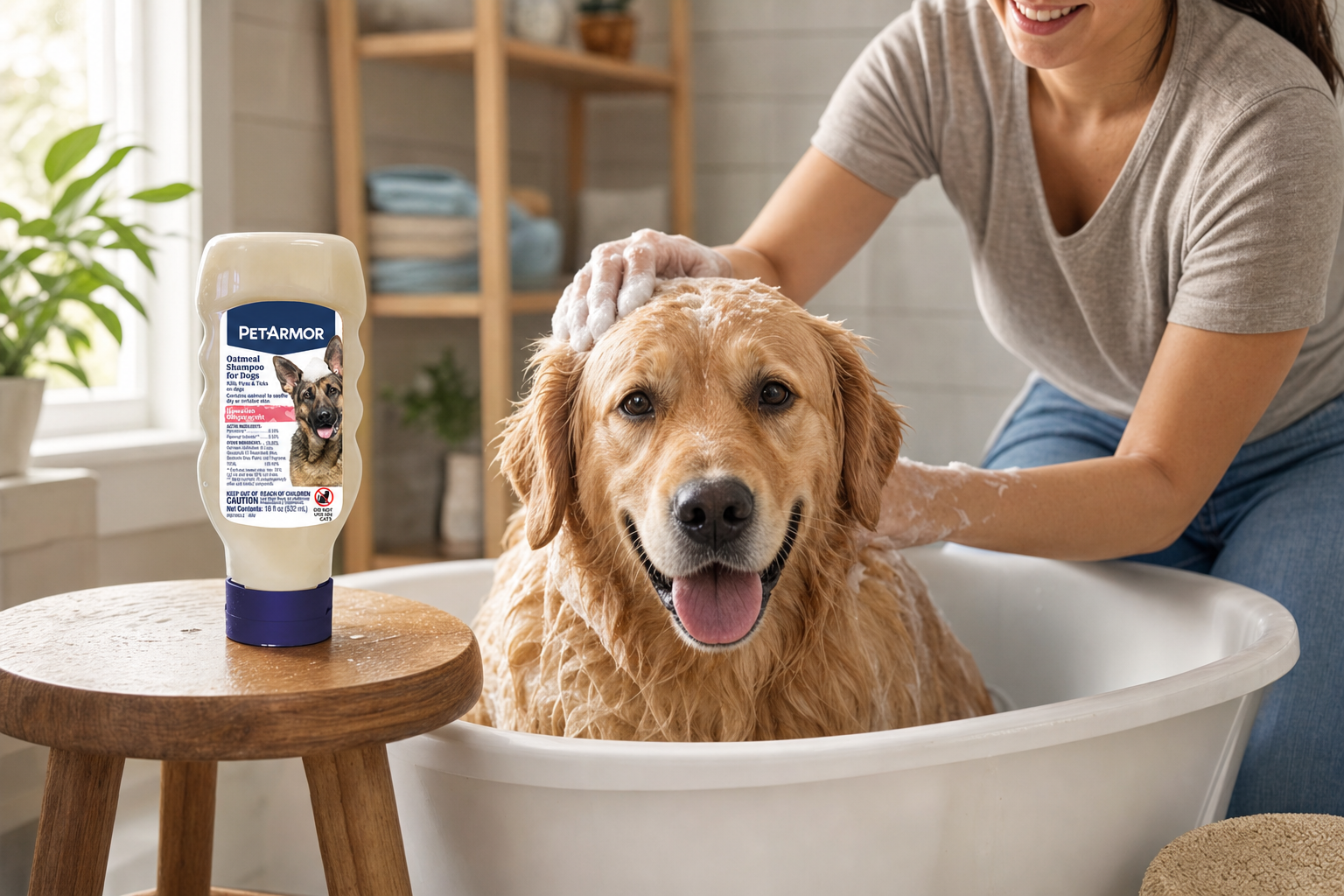 A calm dog being lathered with shampoo during an at-home bath