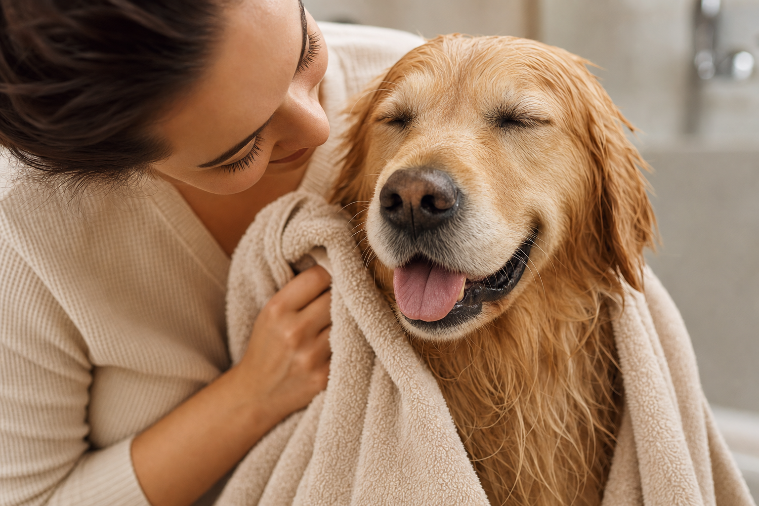 A freshly washed dog with a soft, clean coat resting at home