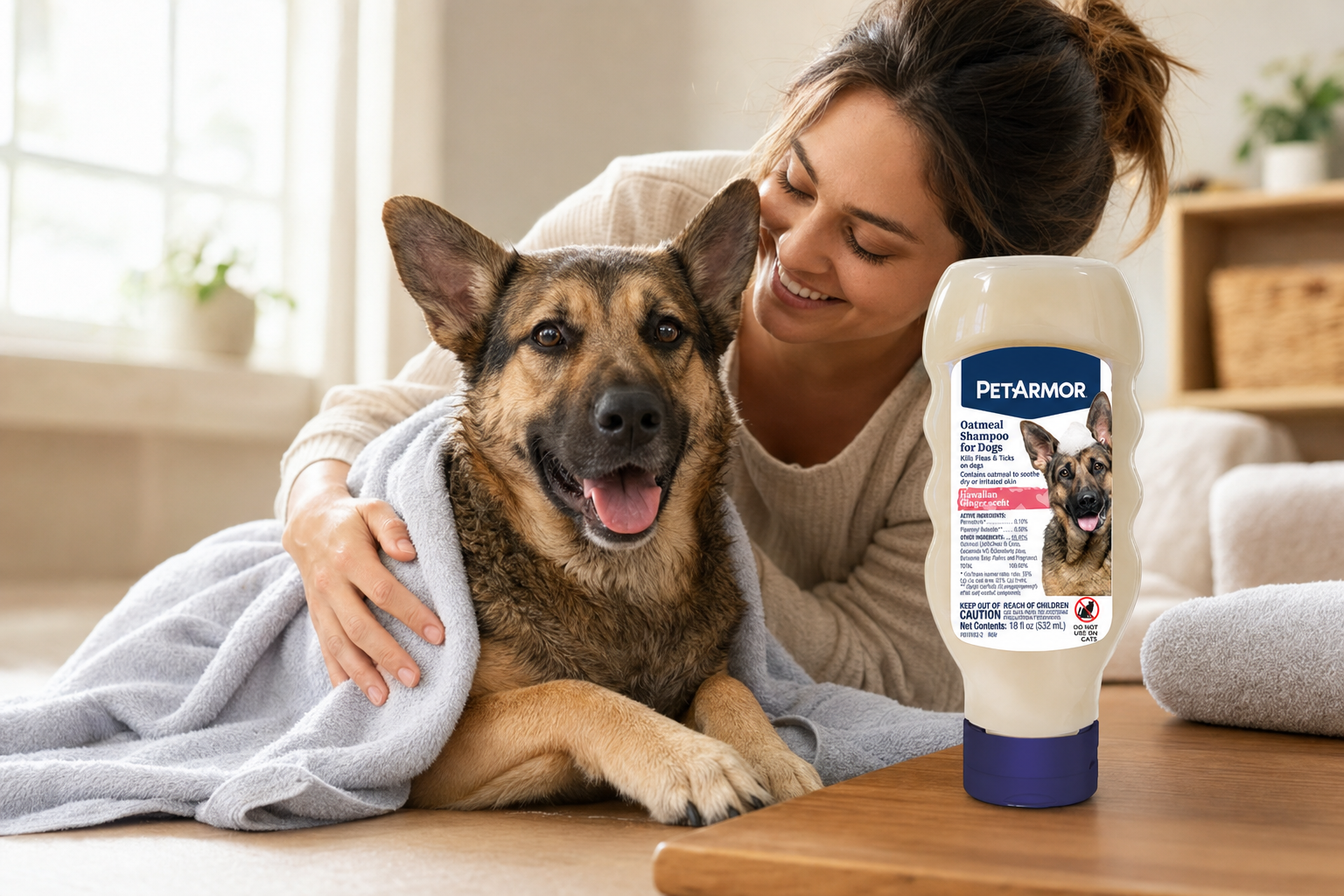 A relaxed dog and its owner enjoying a calm moment together at home after bath time