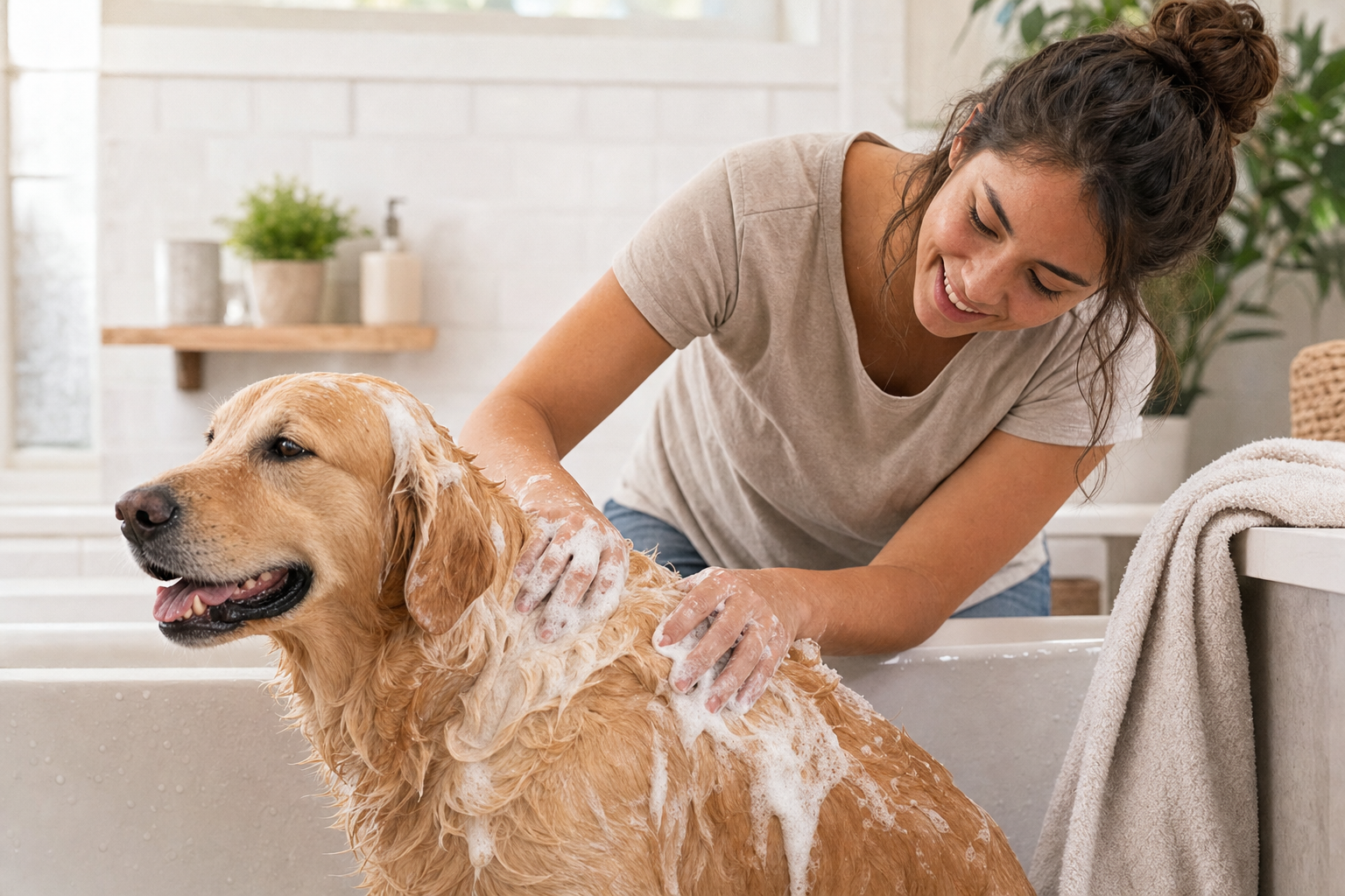 An owner gently drying their dog with a towel after a bath
