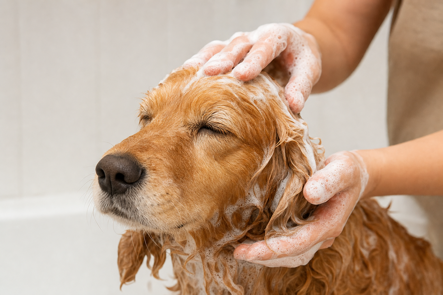 Dog being bathed at home with shampoo