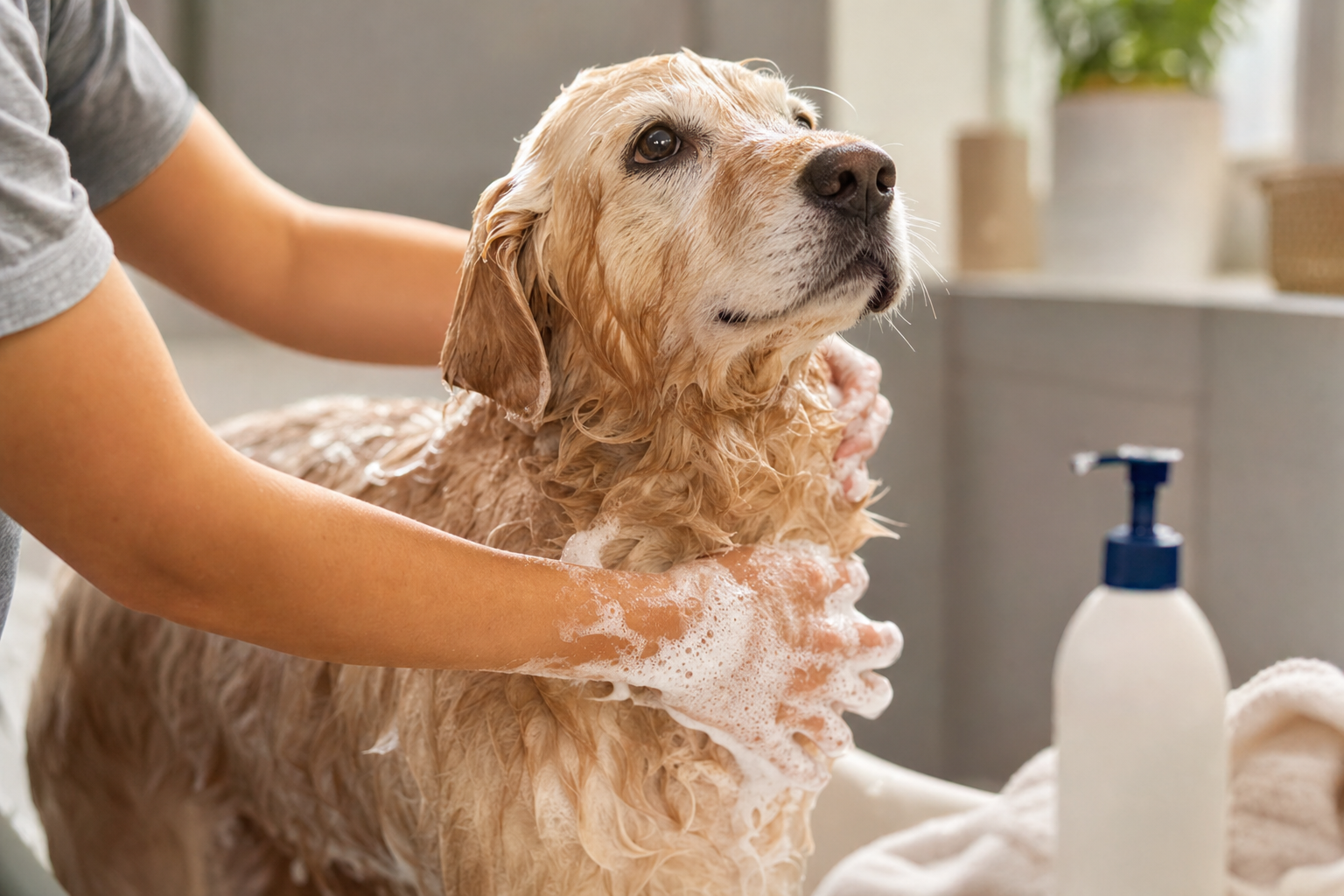 A freshly bathed dog wrapped in a towel looking content
