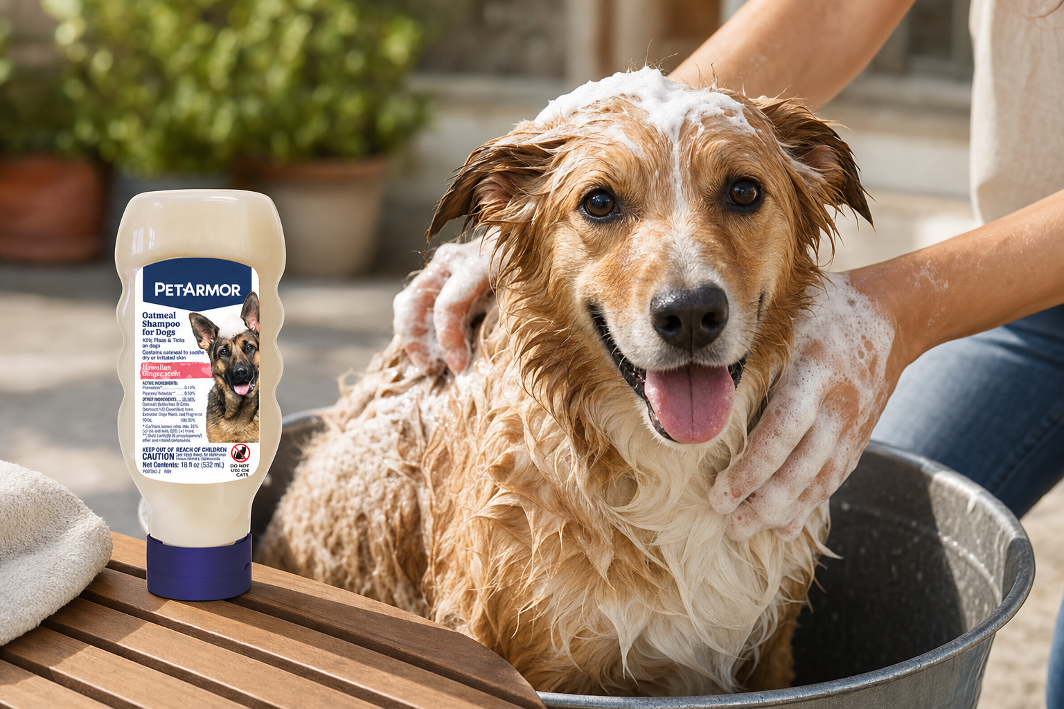 A happy dog relaxing at home after a bath, with a bottle of PetArmor® Flea & Tick Shampoo for Dogs nearby