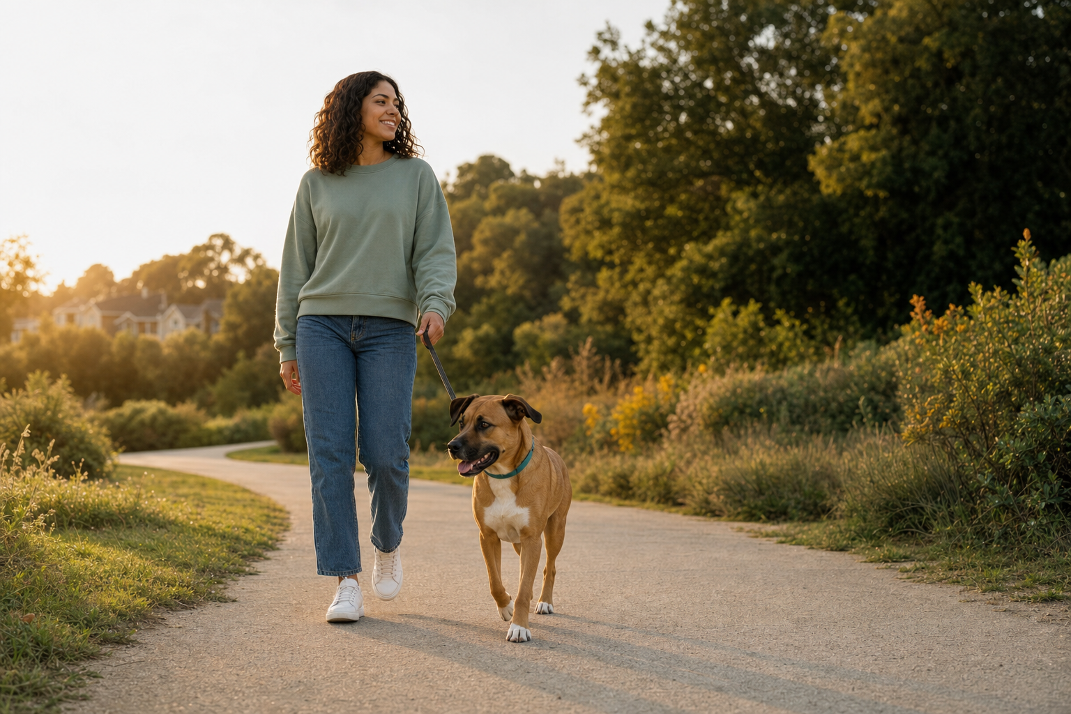 Dog wearing a flea and tick collar walking outdoors alongside its owner