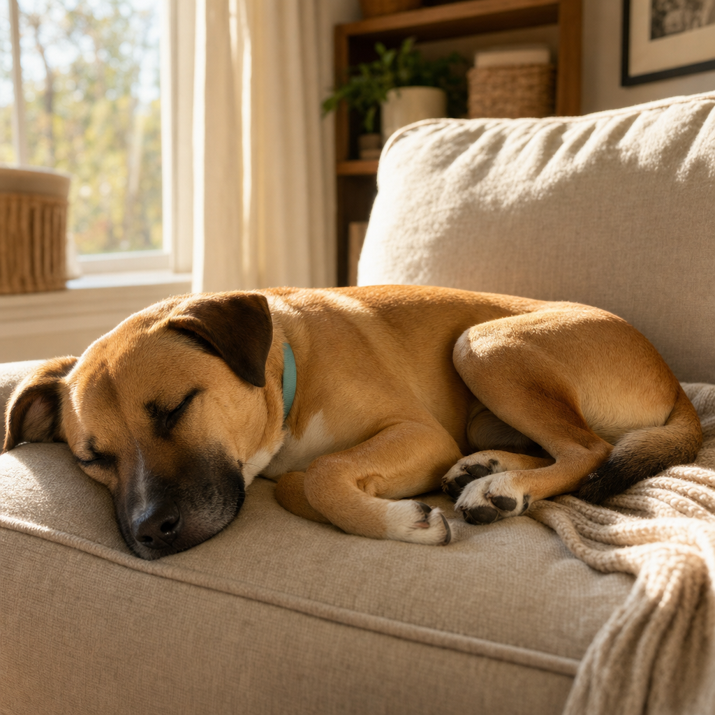 Dog relaxing at home wearing a flea and tick collar