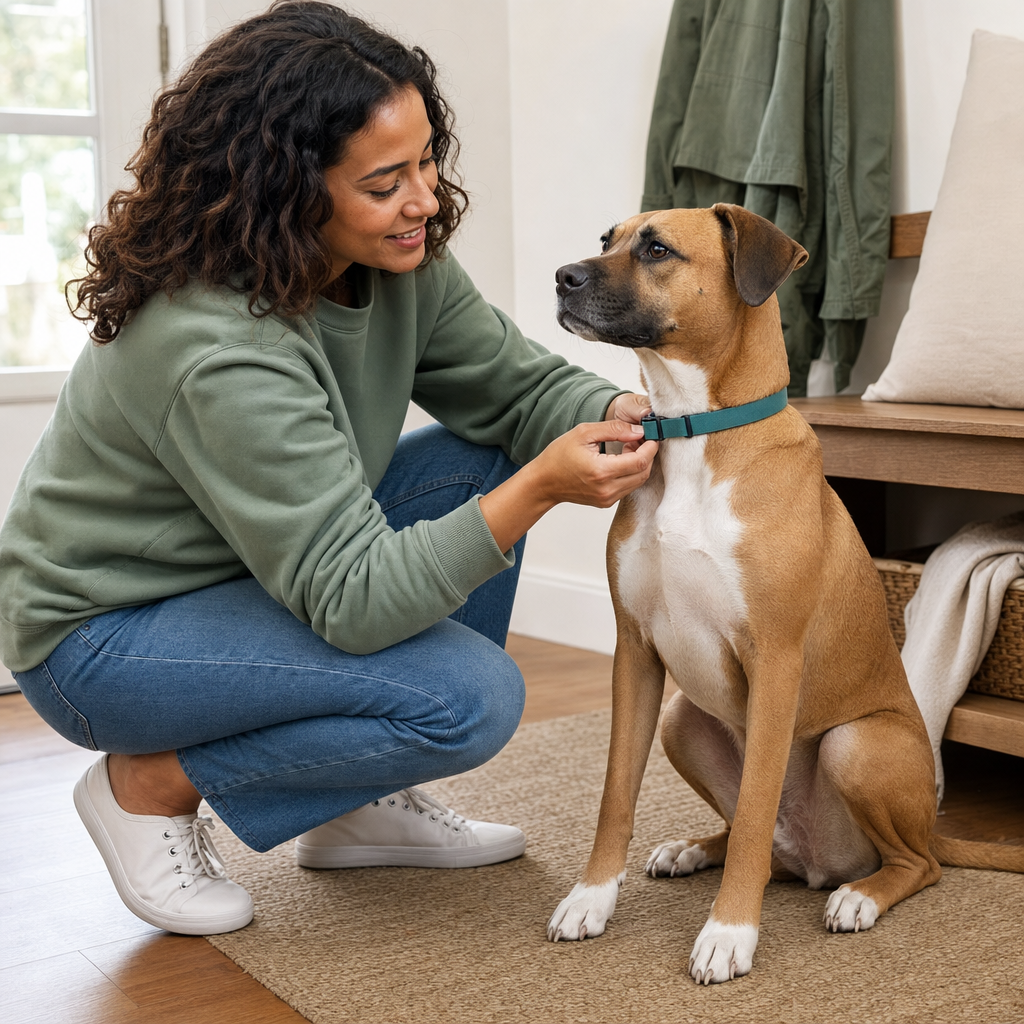 Owner fitting an adjustable flea and tick collar on a dog
