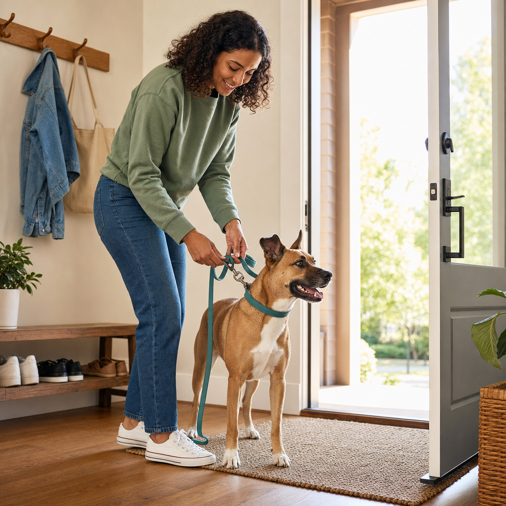 Owner walking a dog wearing a flea and tick collar on a neighborhood path