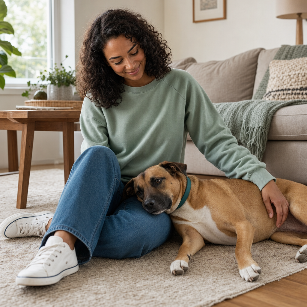 Dog wearing a PetArmor Plus flea and tick collar resting at home