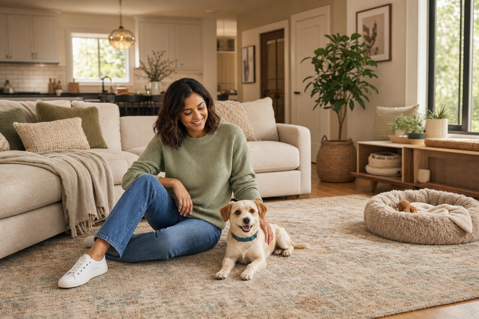 Warm, sunlit living room with a small dog resting on a carpet near cozy upholstered furniture