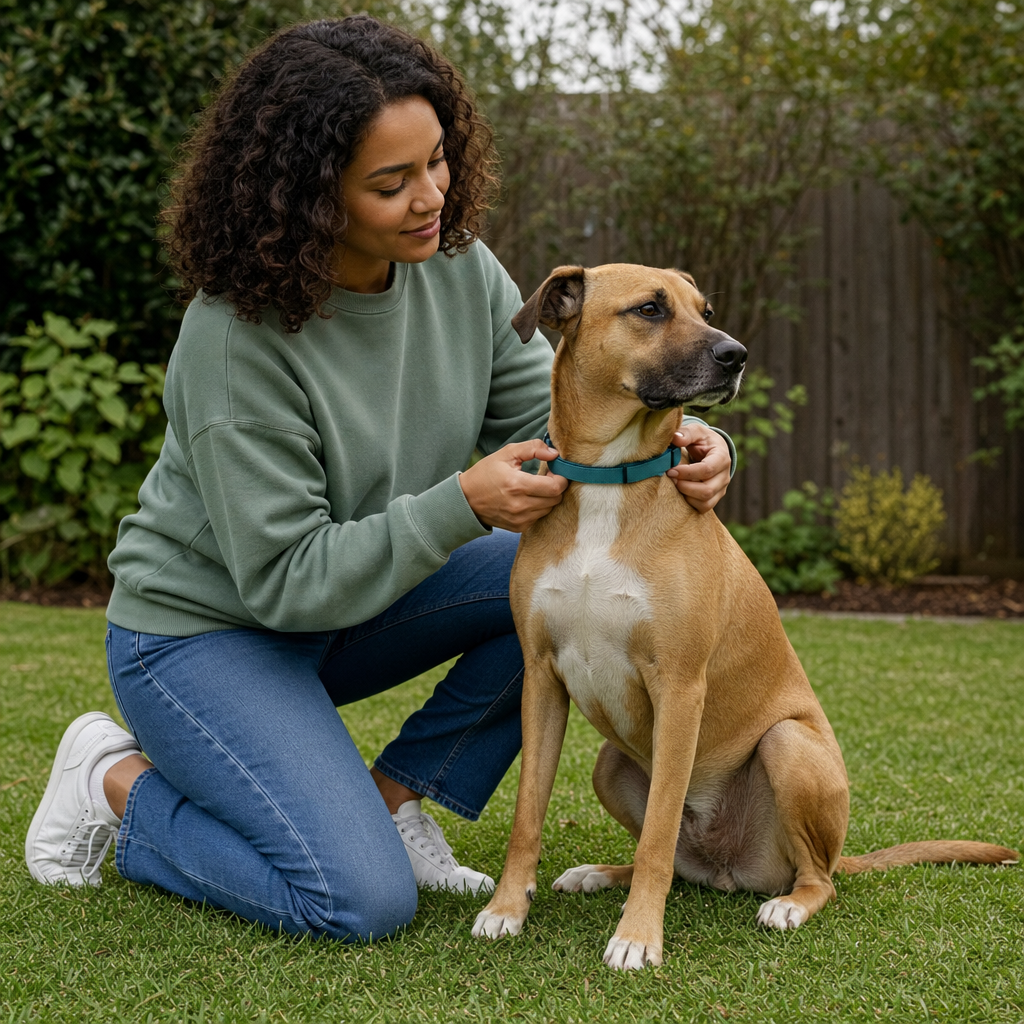 Close-up of hands adjusting a flea and tick collar on a dog outdoors