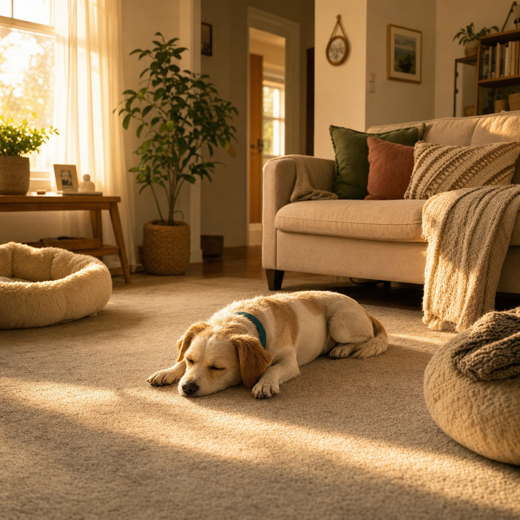 Owner relaxing on a carpeted floor near her small dog in a bright home
