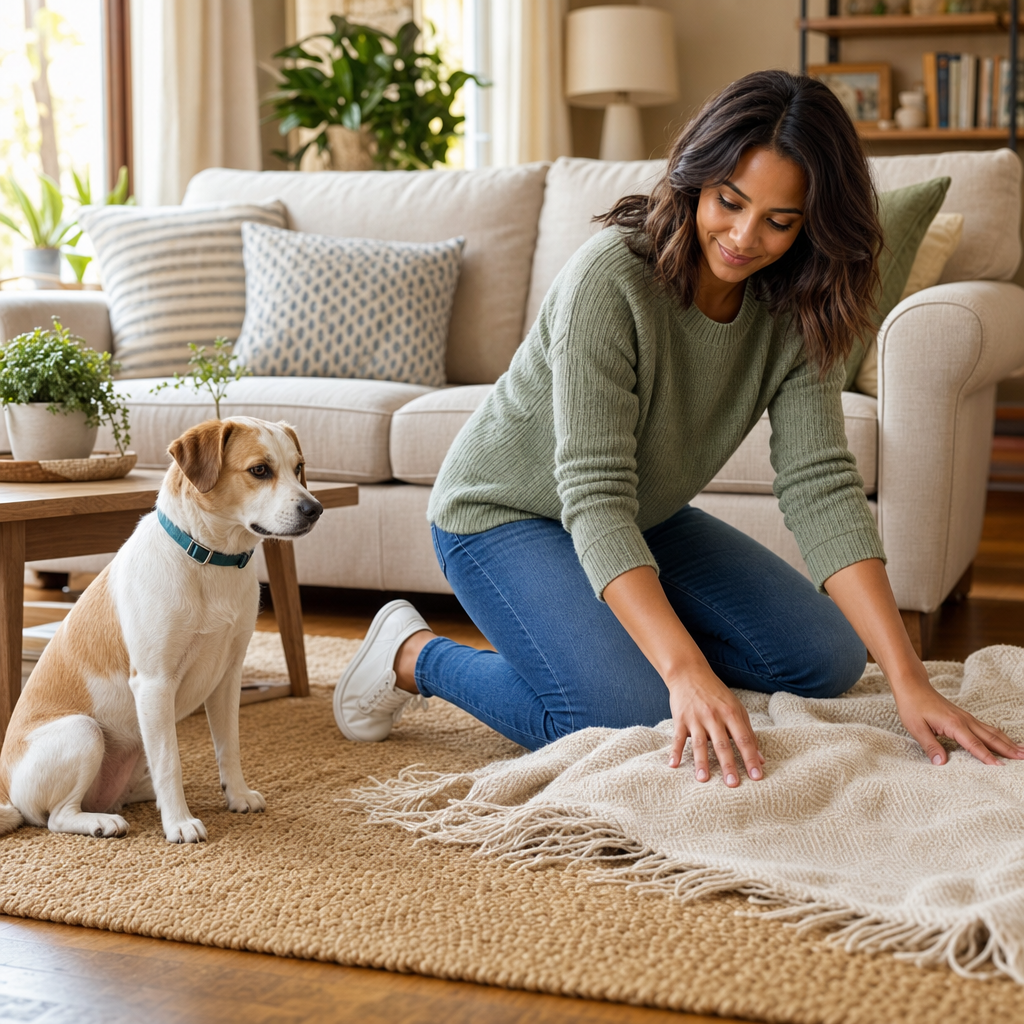 Calm first-time pet owner tidying a bright, comfortable living room